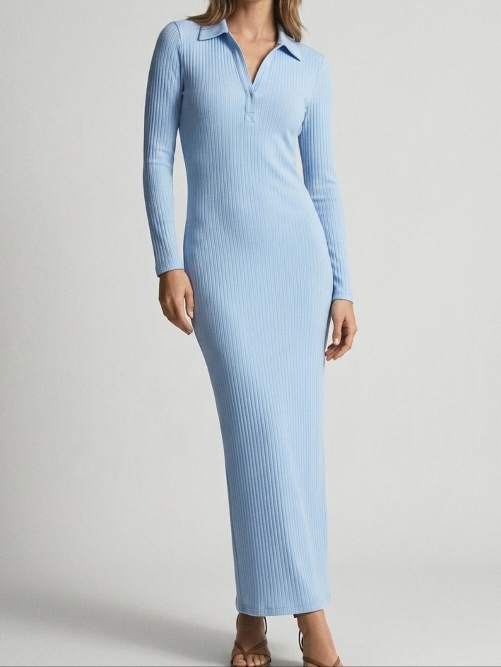 Light Blue Ribbed Long-Sleeve Maxi Dress with Polo Collar